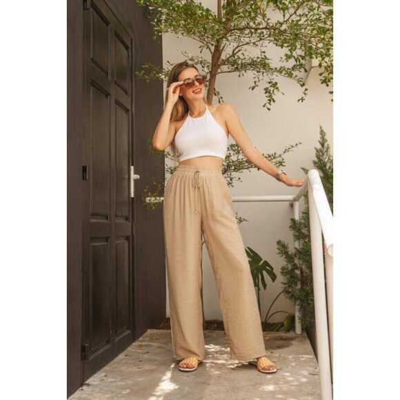 Mlle Gabrielle Women Tan Wide Leg Elastic Waist Drawstring linen pant Size Large - Picture 1 of 14